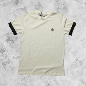 MONCLER SHORT SLEEVE T-SHIRT CREAM WITH DETAILING ON SLEEVES AND FRONT LOGO