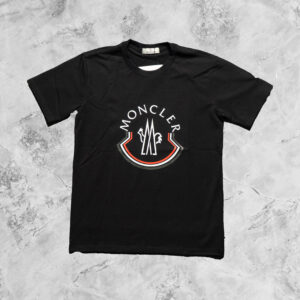 MONCLER SHORT SLEEVE T-SHIRT WITH WHITE LOGO PRINT ON BLACK
