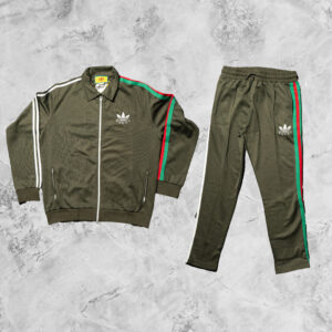 GUCCI ADIDAS TRACK SUIT OLIVE WITH RED GREEN STRIPES